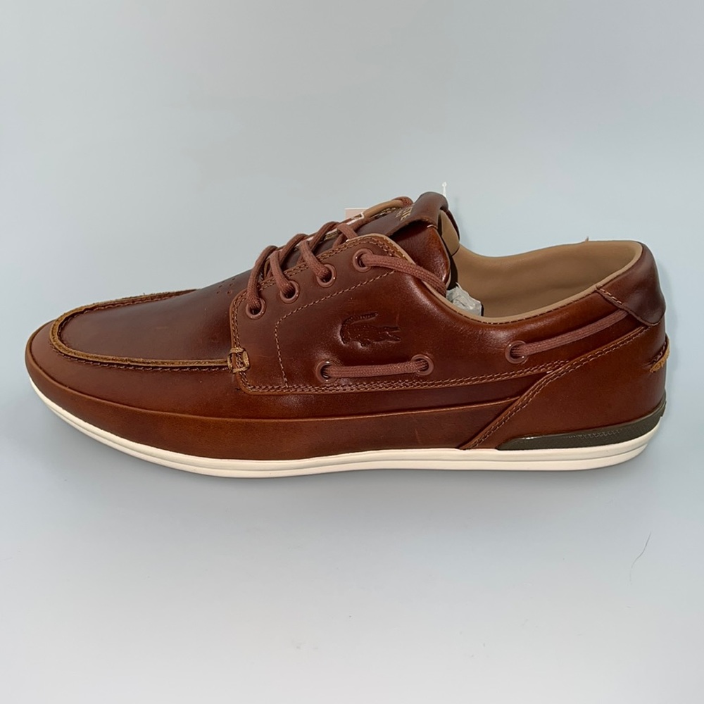 Lacoste Brown Leather Boat Shoes with Moc-Toe and Side Lacing